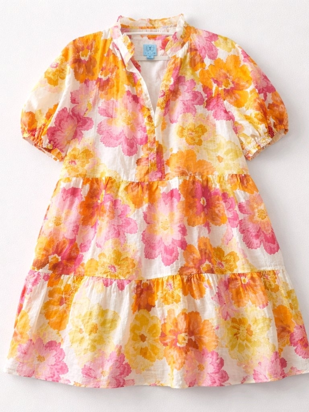 CeCe Women's Floral V Neck Puff Sleeve Summer Dress in Yellow, Orange & Pink- XL